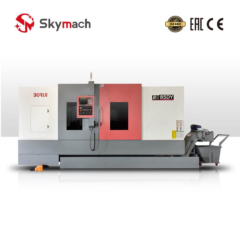 Red BR85slant bed CNC lathe with high-precision Taiwan guides for complex turning.