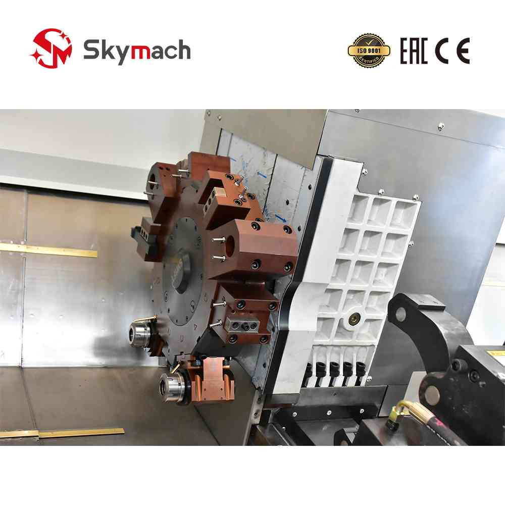 Red BR85slant bed CNC lathe with high-precision Taiwan guides for complex turning.