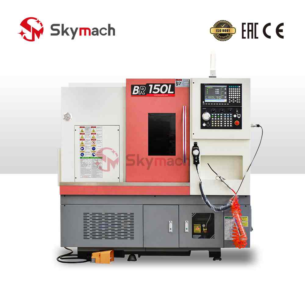Skymach BR150L slant bed CNC lathe with optional CNC controls and colors. Features a high-precision Taiwan-made spindle for complex turning and milling operations.
