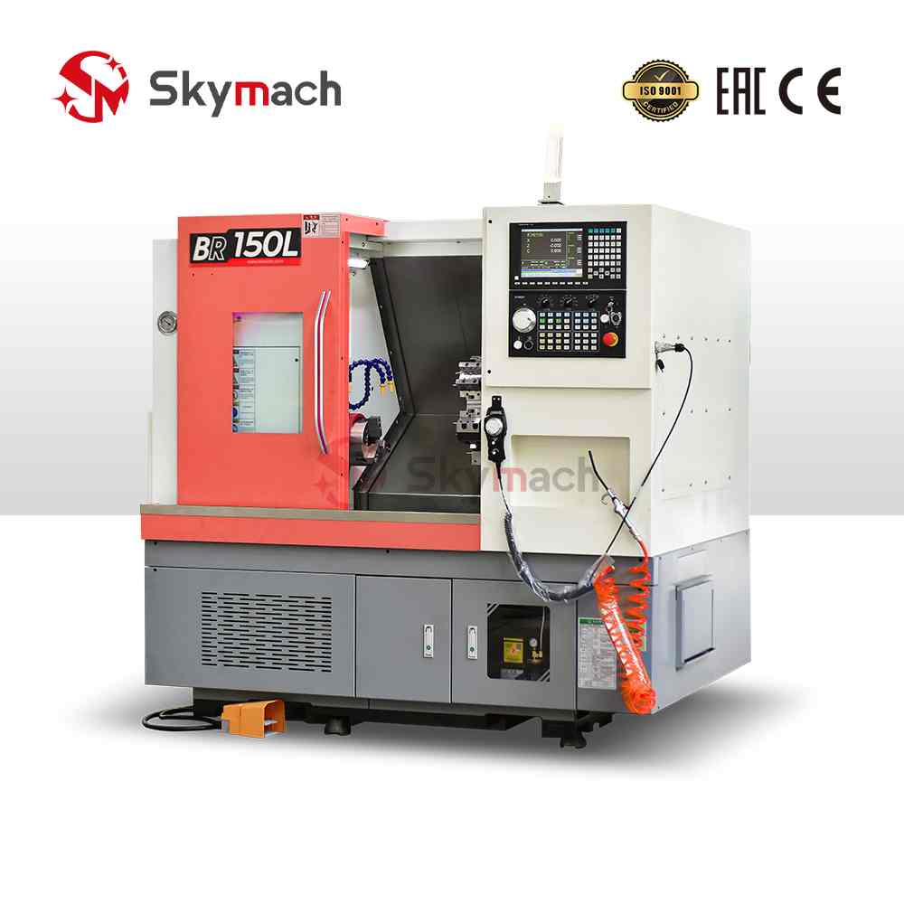 Skymach BR150L slant bed CNC lathe with optional CNC controls and colors. Features a high-precision Taiwan-made spindle for complex turning and milling operations.