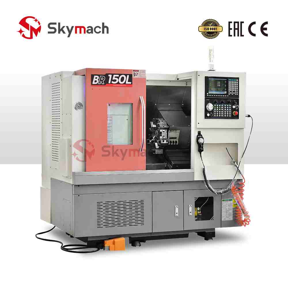 Skymach BR150L slant bed CNC lathe with optional CNC controls and colors. Features a high-precision Taiwan-made spindle for complex turning and milling operations.