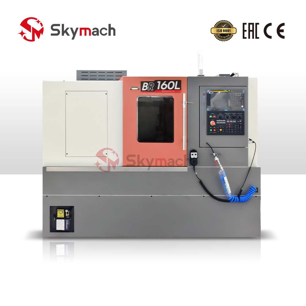 Skymach BR160L slant bed CNC lathe with optional CNC controls and colors. Features a high-precision Taiwan-made spindle for complex turning and milling operations.