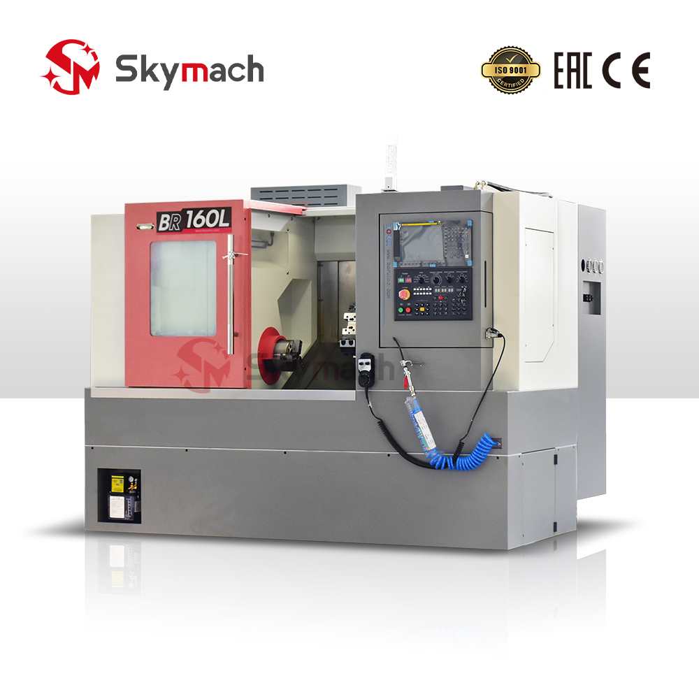 Skymach BR160L slant bed CNC lathe with optional CNC controls and colors. Features a high-precision Taiwan-made spindle for complex turning and milling operations.