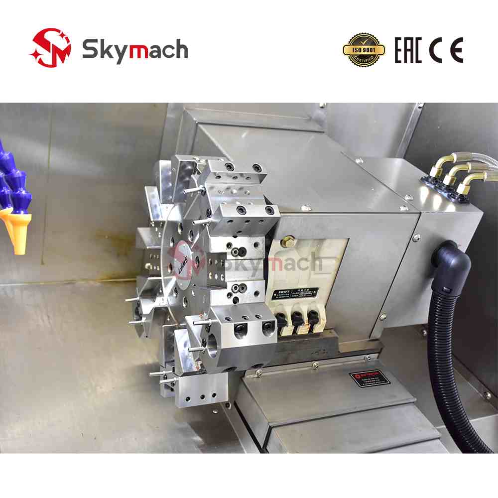 Skymach BR160L slant bed CNC lathe with optional CNC controls and colors. Features a high-precision Taiwan-made spindle for complex turning and milling operations.