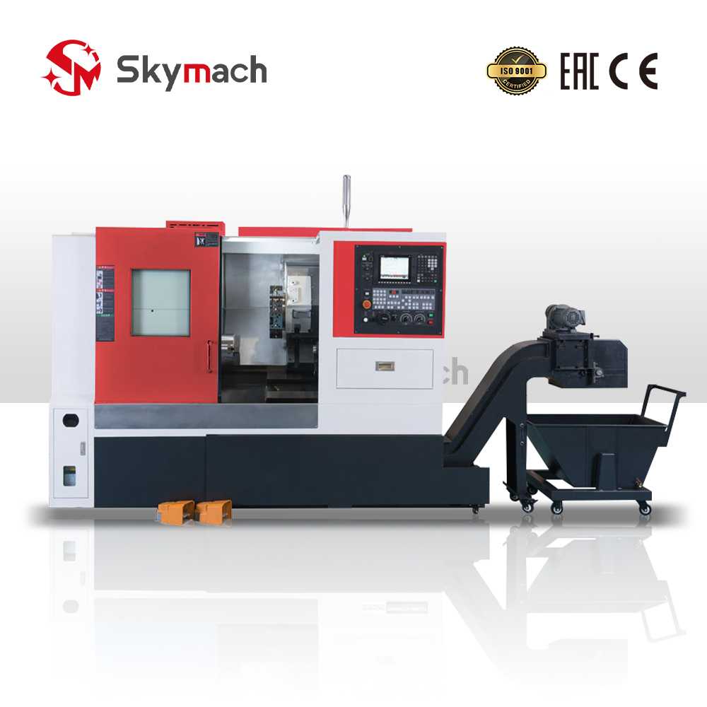 Red BR20H slant bed CNC lathe with high-precision Taiwan guides for complex turning.