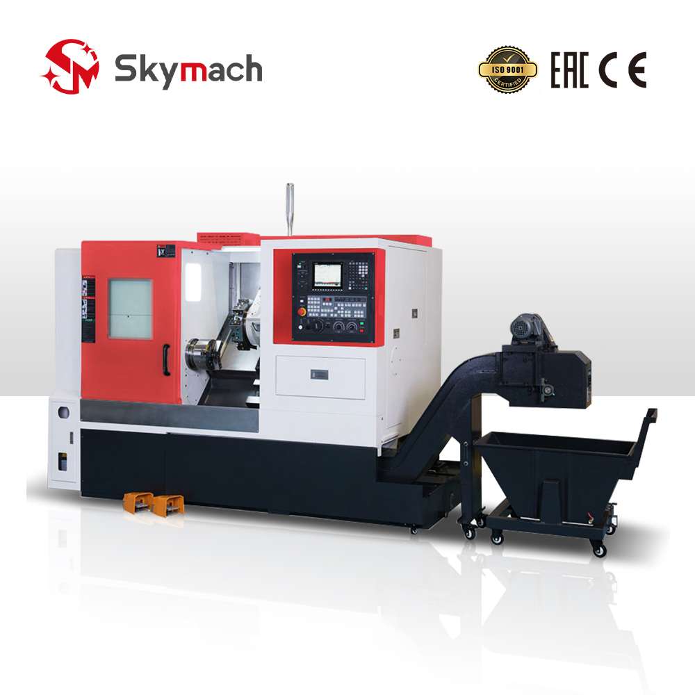 Red BR20H slant bed CNC lathe with high-precision Taiwan guides for complex turning.