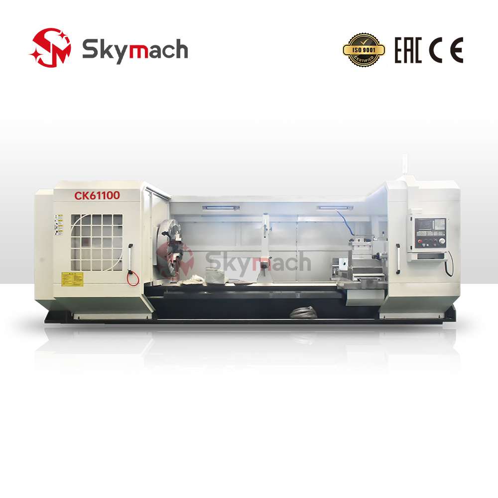 Highly Configurable CK61100 Flat Bed CNC Lathe. Standard and optional features like hydraulic chuck, turret, and tailstock for customized solutions.