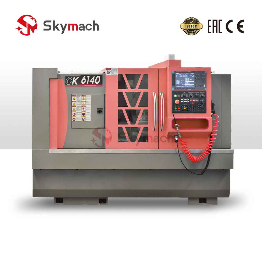 Skymach CK6140 flat bed CNC lathe for large steel, cast iron, and non-ferrous metal parts. High torque and rigidity for powerful cutting.