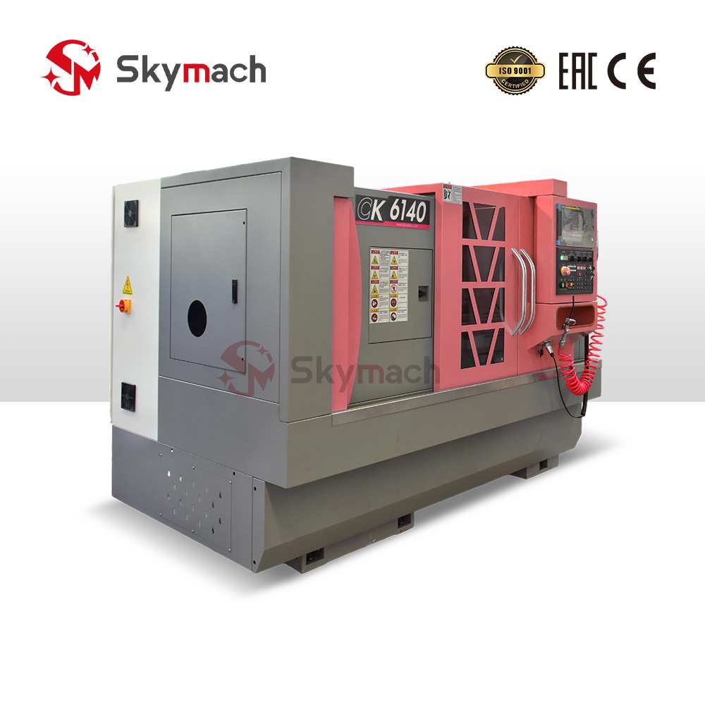 Skymach CK6140 flat bed CNC lathe for large steel, cast iron, and non-ferrous metal parts. High torque and rigidity for powerful cutting.