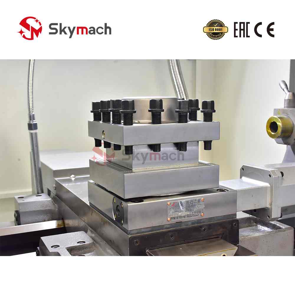 Skymach CK6140 flat bed CNC lathe for large steel, cast iron, and non-ferrous metal parts. High torque and rigidity for powerful cutting.