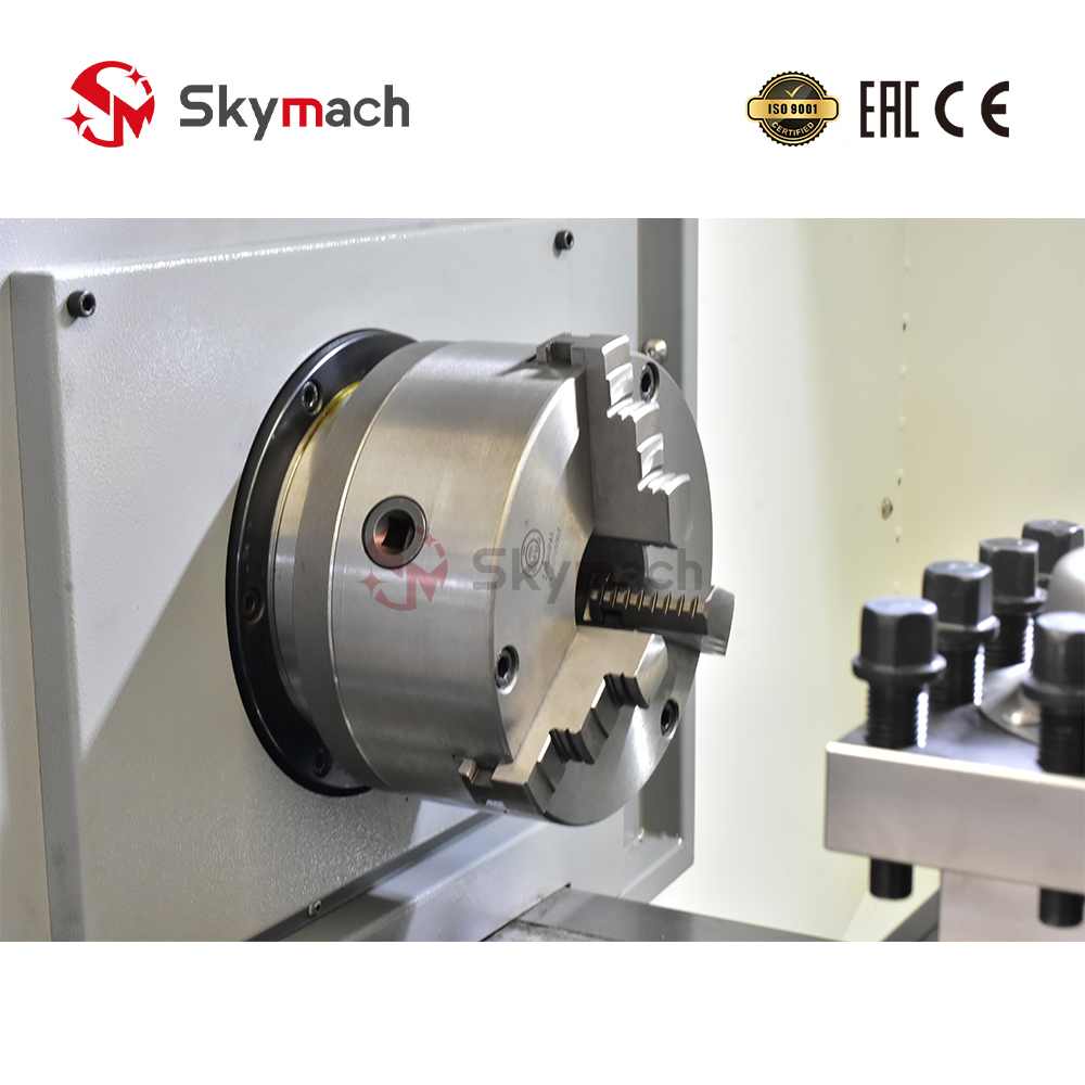 Skymach CK6140 flat bed CNC lathe for large steel, cast iron, and non-ferrous metal parts. High torque and rigidity for powerful cutting.