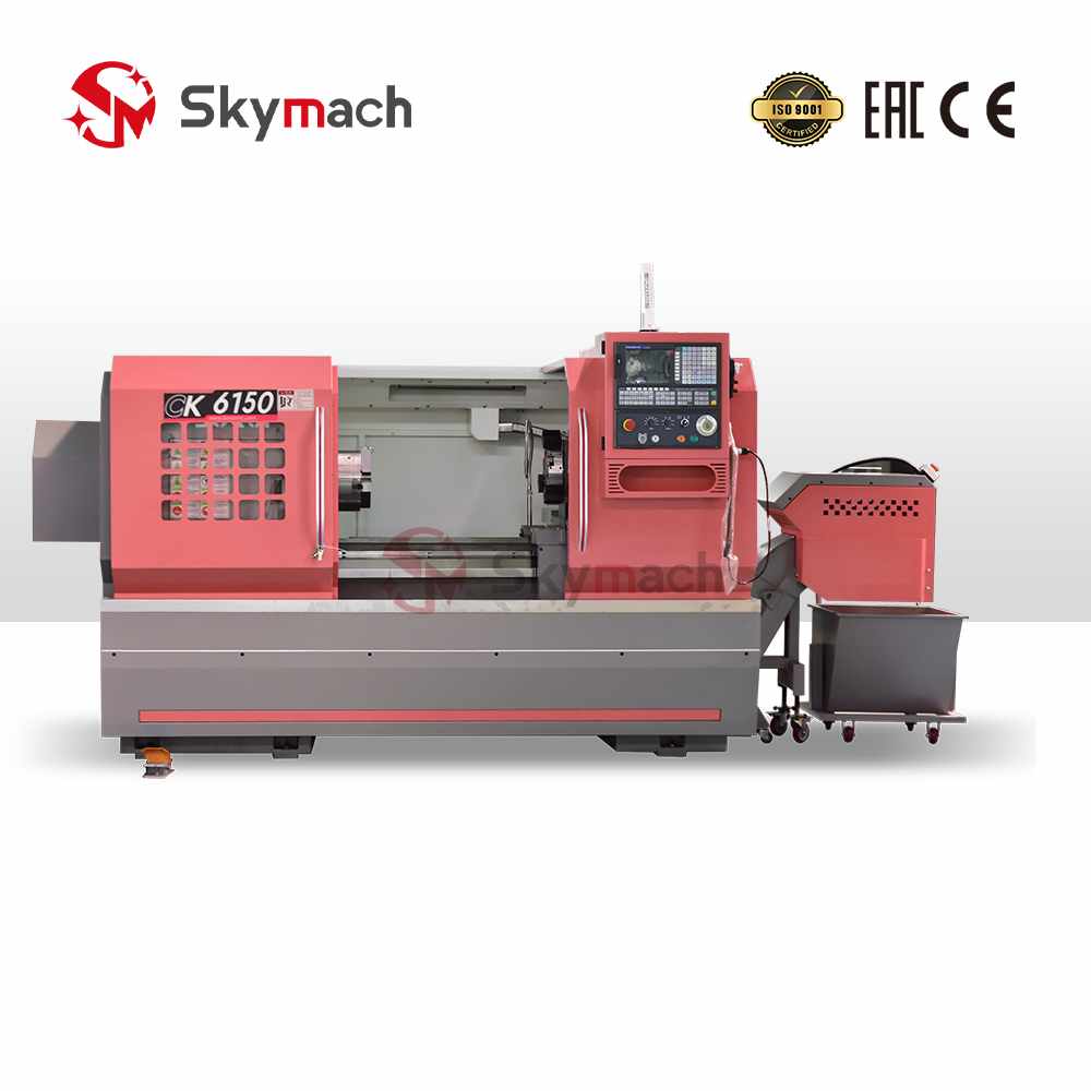 Heavy-duty Skymach CK6150 flat bed CNC lathe. High rigidity and torque for powerful machining of steel, iron, and large non-ferrous parts.