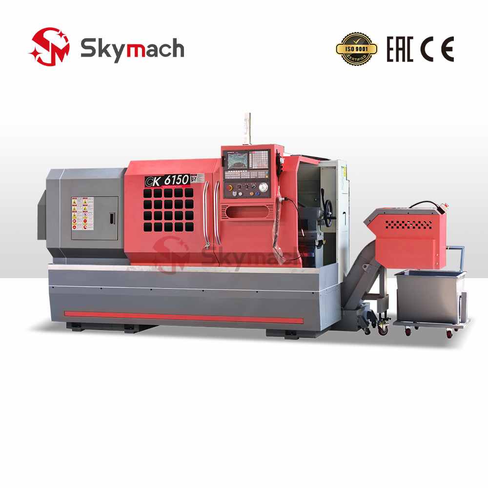 Heavy-duty Skymach CK6150 flat bed CNC lathe. High rigidity and torque for powerful machining of steel, iron, and large non-ferrous parts.