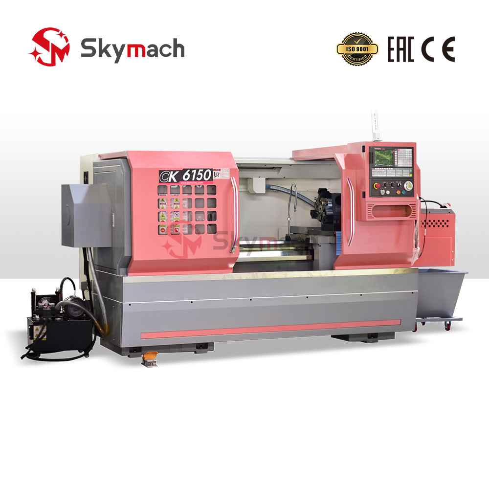 Heavy-duty Skymach CK6150 flat bed CNC lathe. High rigidity and torque for powerful machining of steel, iron, and large non-ferrous parts.