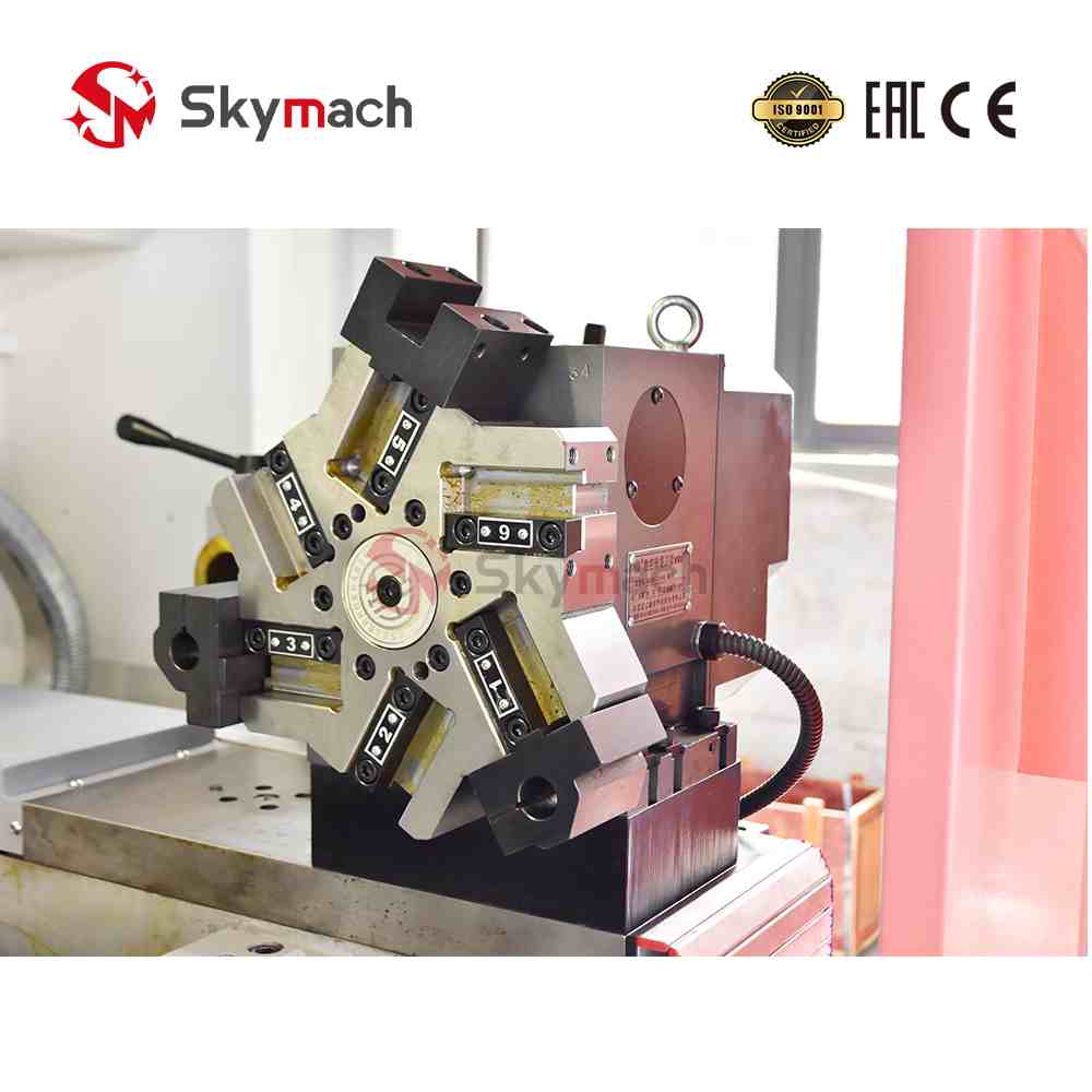 Heavy-duty Skymach CK6150 flat bed CNC lathe. High rigidity and torque for powerful machining of steel, iron, and large non-ferrous parts.
