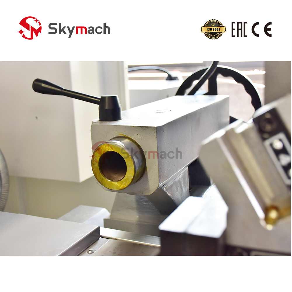 Heavy-duty Skymach CK6150 flat bed CNC lathe. High rigidity and torque for powerful machining of steel, iron, and large non-ferrous parts.