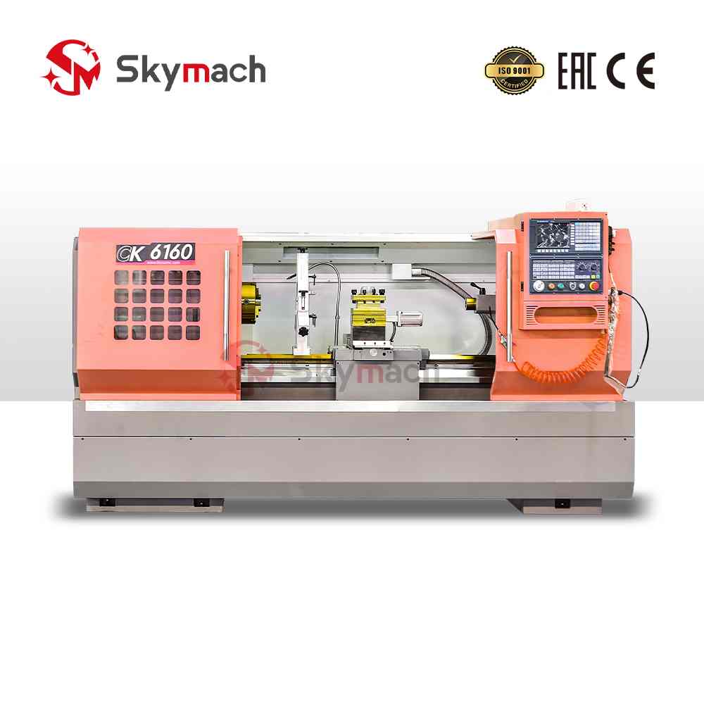 Configurable Skymach CK6160 CNC lathe. Standard with 4-station tool post, optional hydraulic chuck, turret, tailstock, and CNC controls.