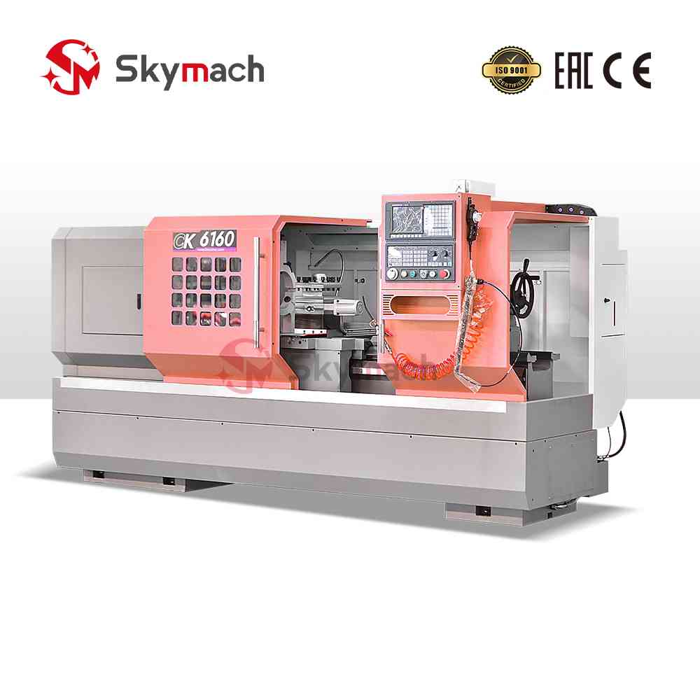 Configurable Skymach CK6160 CNC lathe. Standard with 4-station tool post, optional hydraulic chuck, turret, tailstock, and CNC controls.