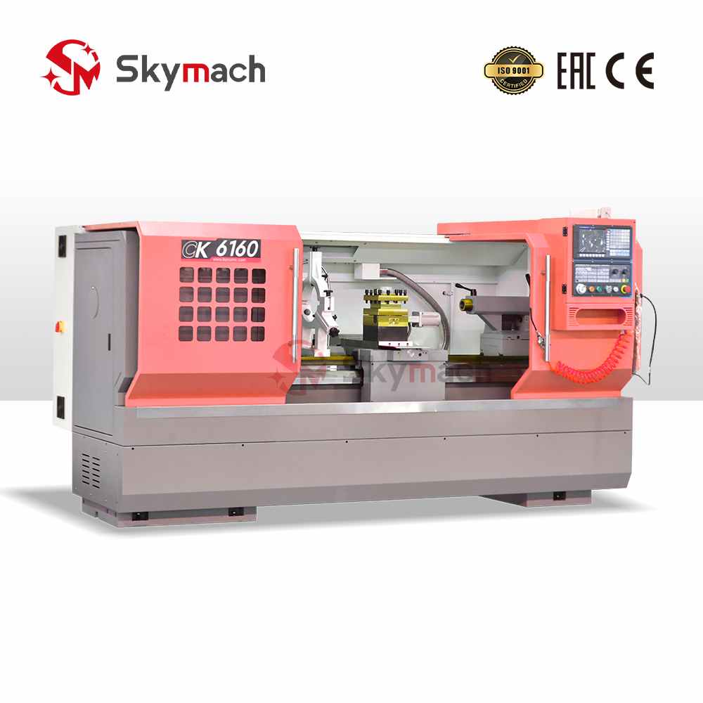 Configurable Skymach CK6160 CNC lathe. Standard with 4-station tool post, optional hydraulic chuck, turret, tailstock, and CNC controls.