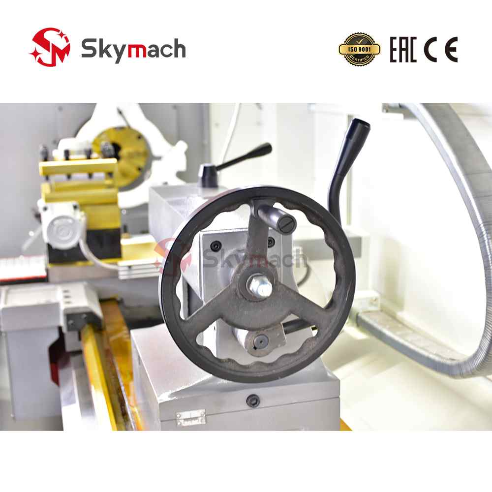 Configurable Skymach CK6160 CNC lathe. Standard with 4-station tool post, optional hydraulic chuck, turret, tailstock, and CNC controls.