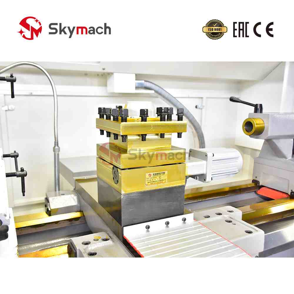 Configurable Skymach CK6160 CNC lathe. Standard with 4-station tool post, optional hydraulic chuck, turret, tailstock, and CNC controls.