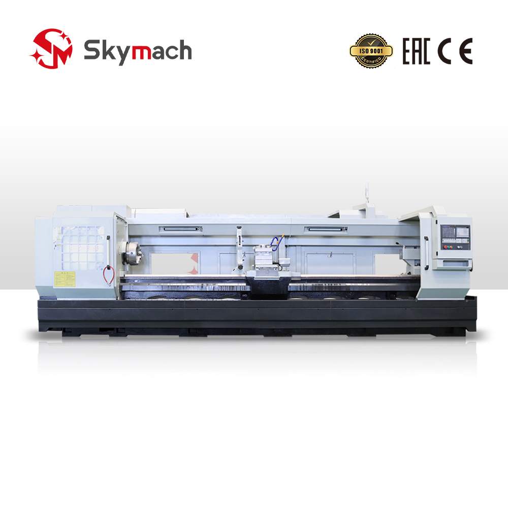 Skymach CK6163 Flat Bed CNC Lathe for medium to large parts. Machines steel, cast iron, and non-ferrous metals with high torque and rigidity.