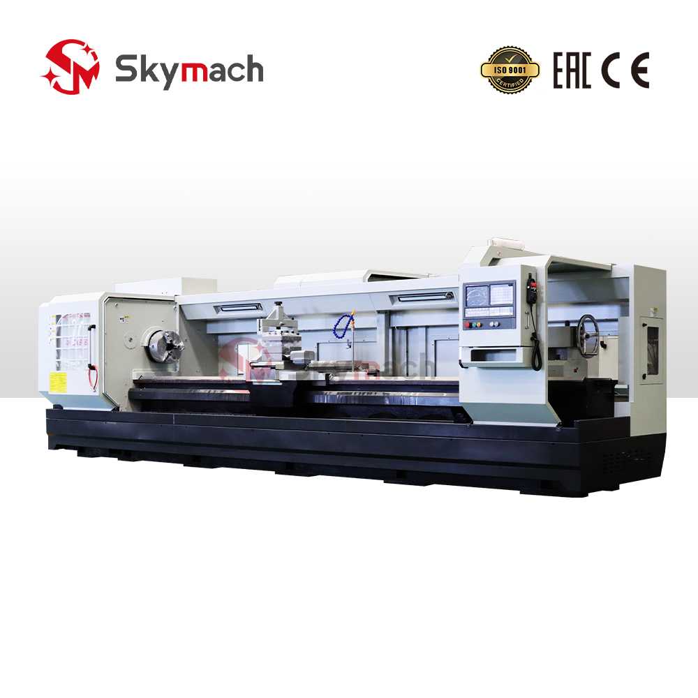 Skymach CK6163 Flat Bed CNC Lathe for medium to large parts. Machines steel, cast iron, and non-ferrous metals with high torque and rigidity.