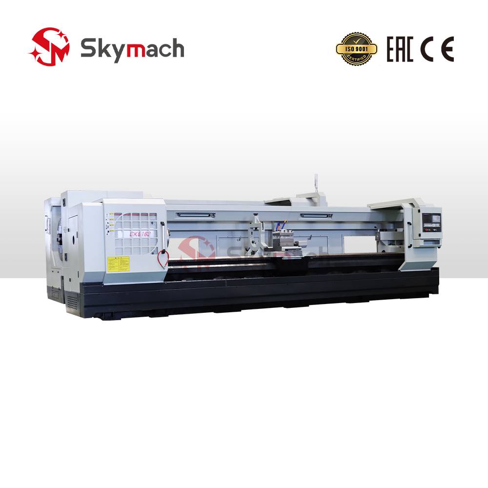 Skymach CK6163 Flat Bed CNC Lathe for medium to large parts. Machines steel, cast iron, and non-ferrous metals with high torque and rigidity.