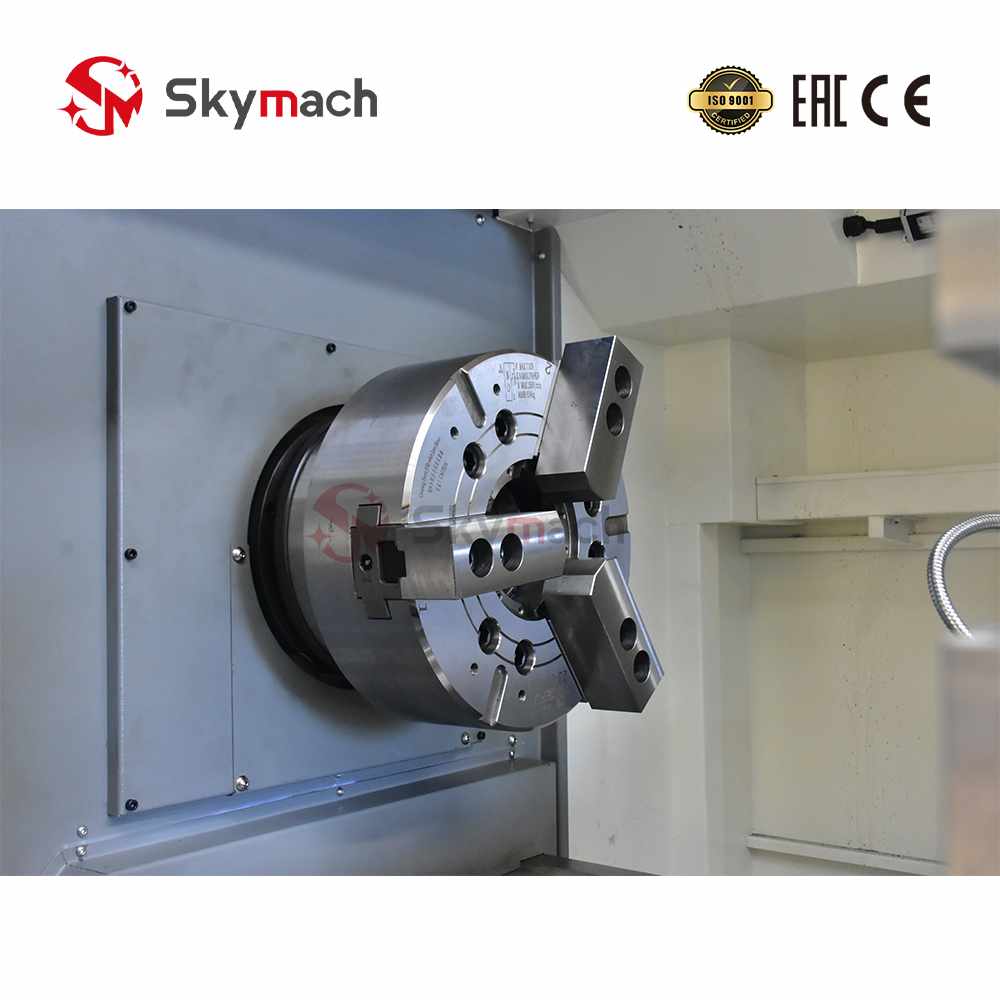 The Skymach CK6163 is a robust flat bed CNC lathe designed for machining medium to large parts from a wide range of materials, including steel, cast iron, and non-ferrous metals. Its high-torque spindle and rigid construction make it ideal for powerful, continuous cutting operations. Standard features include a 4-station electric tool post, manual 3-jaw chuck, and a 52mm spindle through-hole. For enhanced productivity, optional accessories such as a hydraulic chuck, electric turret, hydraulic tailstock, variable speed control, custom colors, and various CNC systems are available to customize the machine to your specific needs.