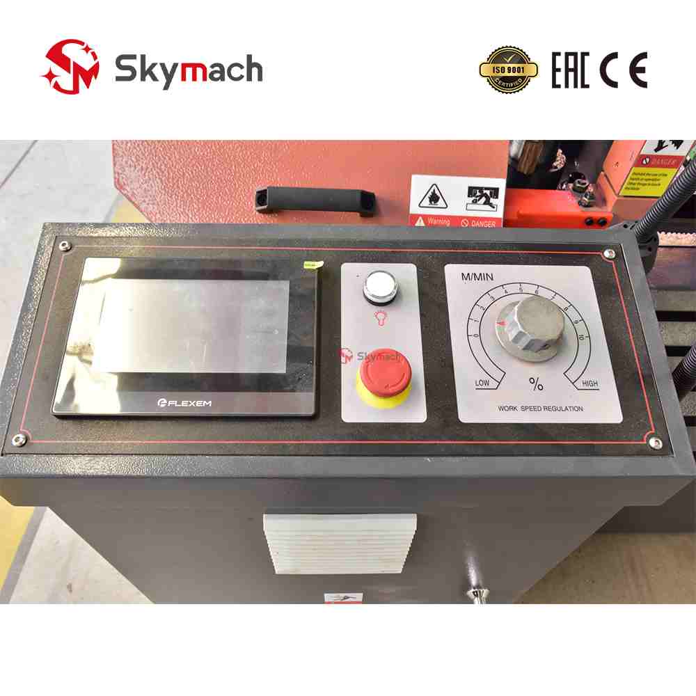 Skymach GHS4230 CNC Bandsaw with metal bed and PLC control system for semi-automatic metal cutting.