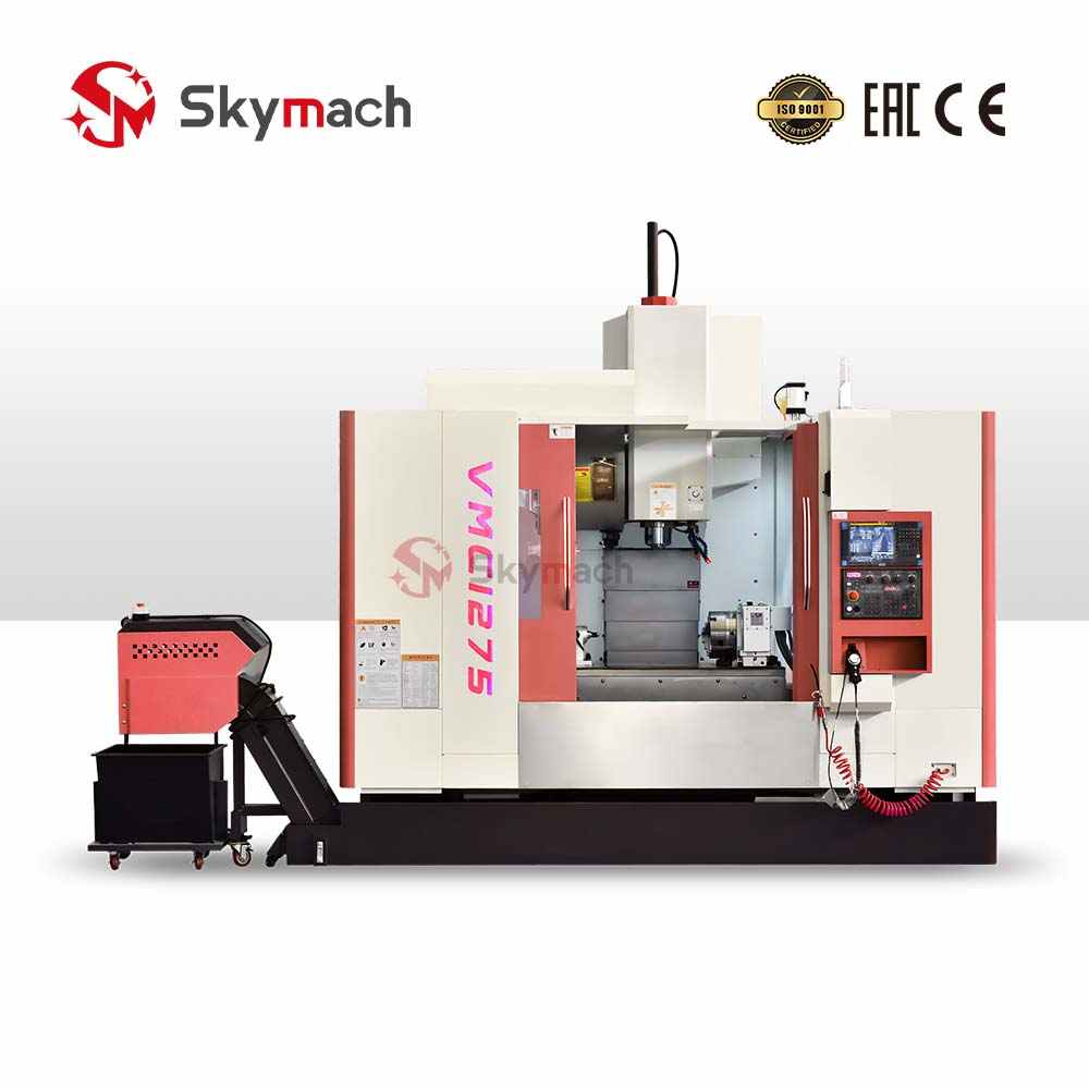 Red VMC1275 vertical machining center with Taiwan spindle and chip conveyor for metal milling.