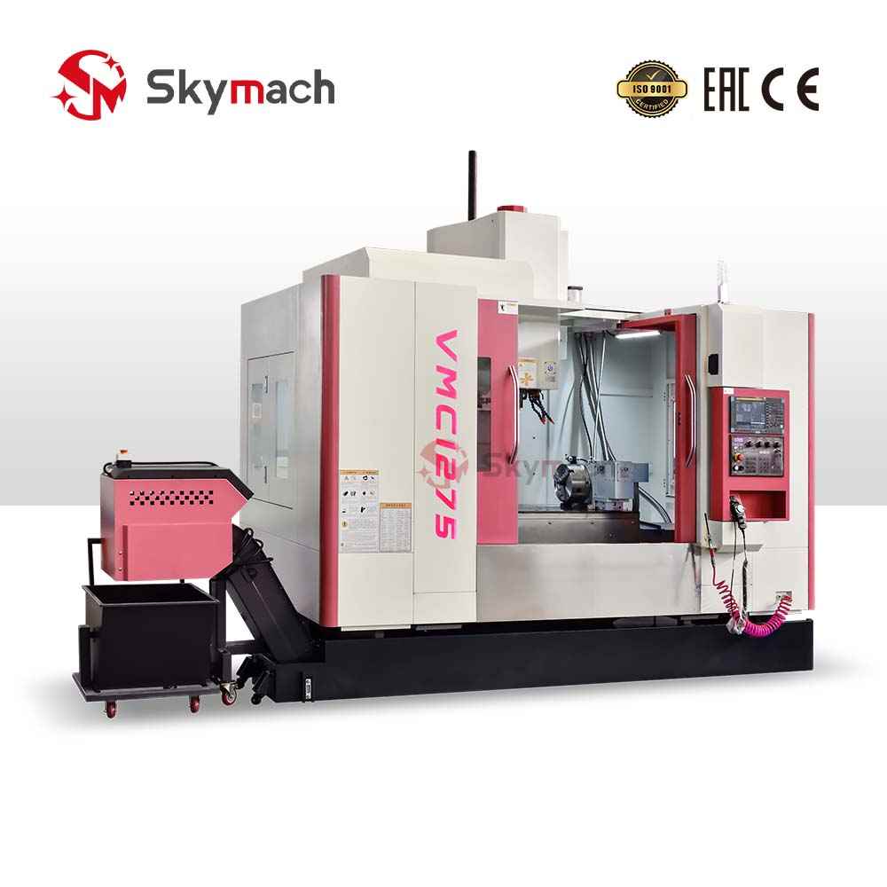 Red VMC1275 vertical machining center with Taiwan spindle and chip conveyor for metal milling.