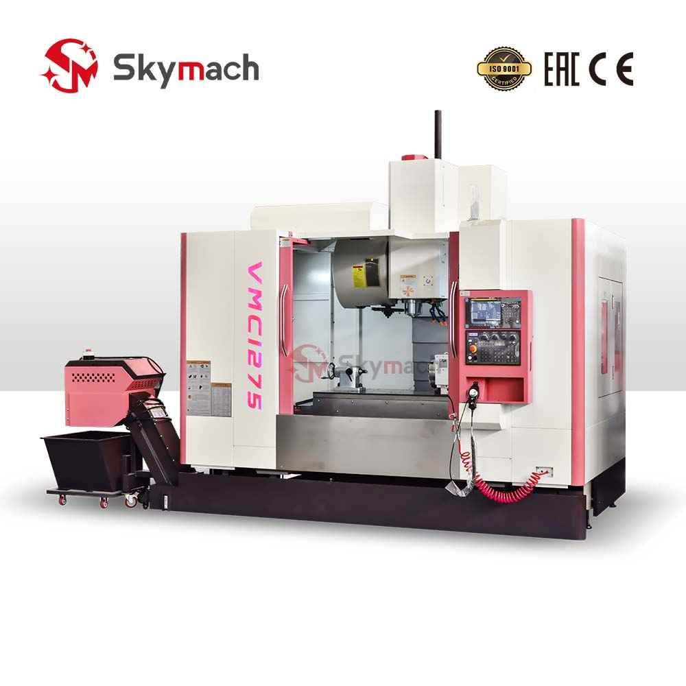 Red VMC1275 vertical machining center with Taiwan spindle and chip conveyor for metal milling.