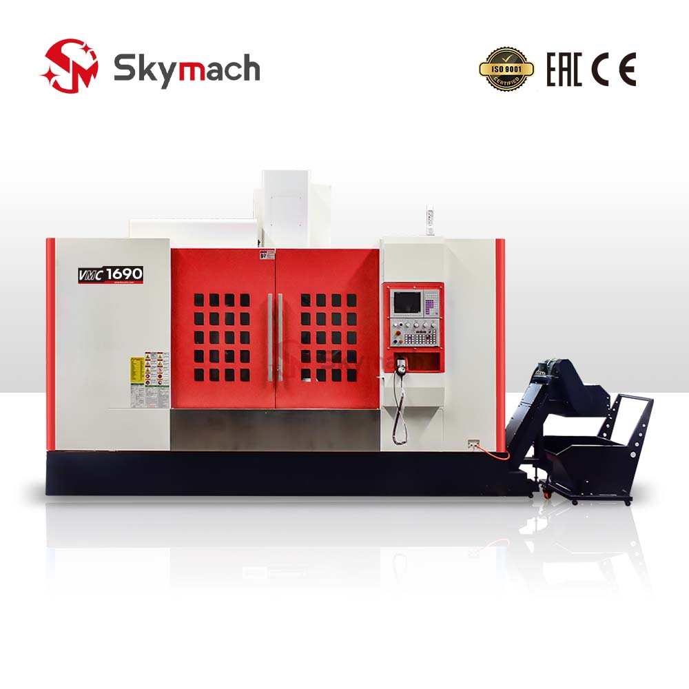 VMC1690 machining center with Taiwan spindle, linear guides, and automatic chip conveyor.