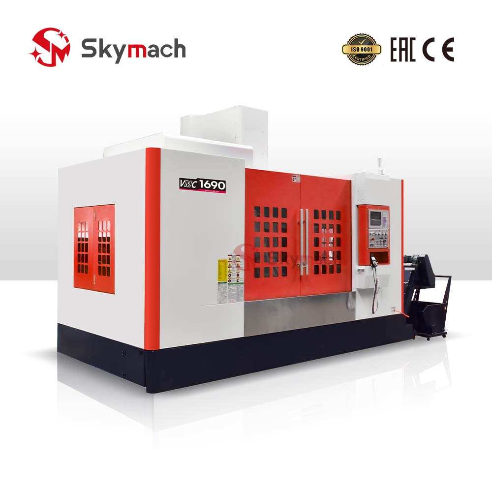 VMC1690 machining center with Taiwan spindle, linear guides, and automatic chip conveyor.