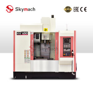 VMC650 Vertical Machining Center specifications table with 650x500x500mm travel and 8000rpm spindle.