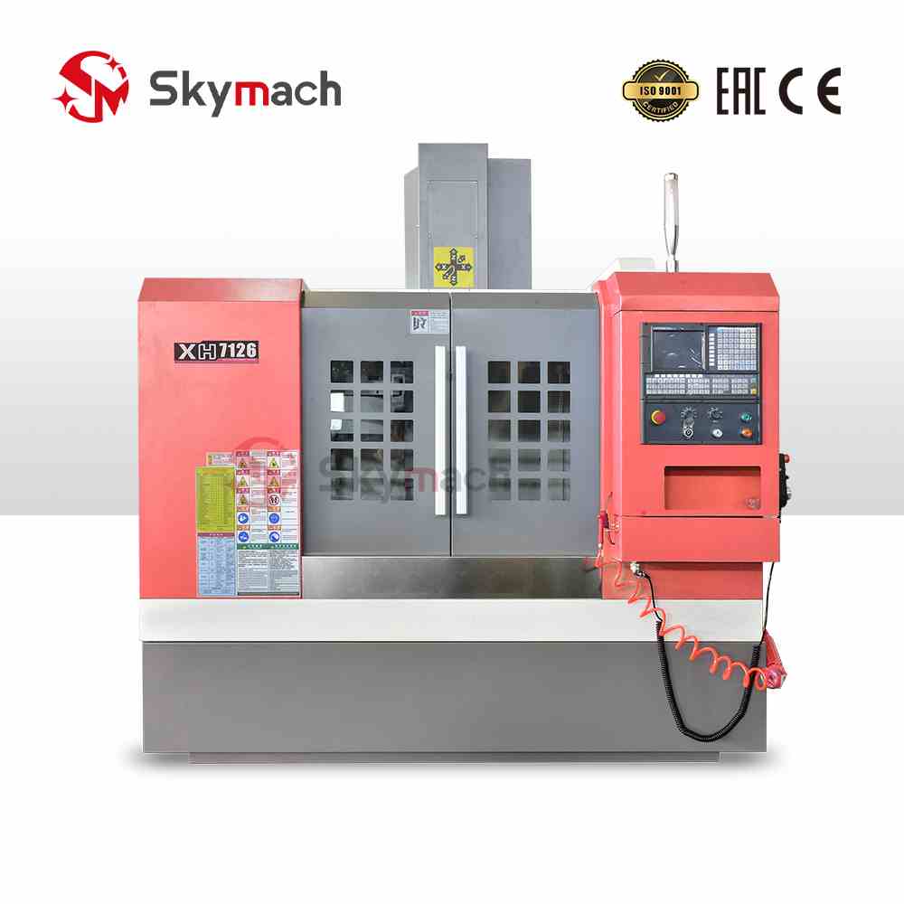 Skymach XH7126 VMC with optional CNC controls and colors. Equipped with a Taiwan-made spindle for milling, slotting, and 3/4/5-axis contouring.