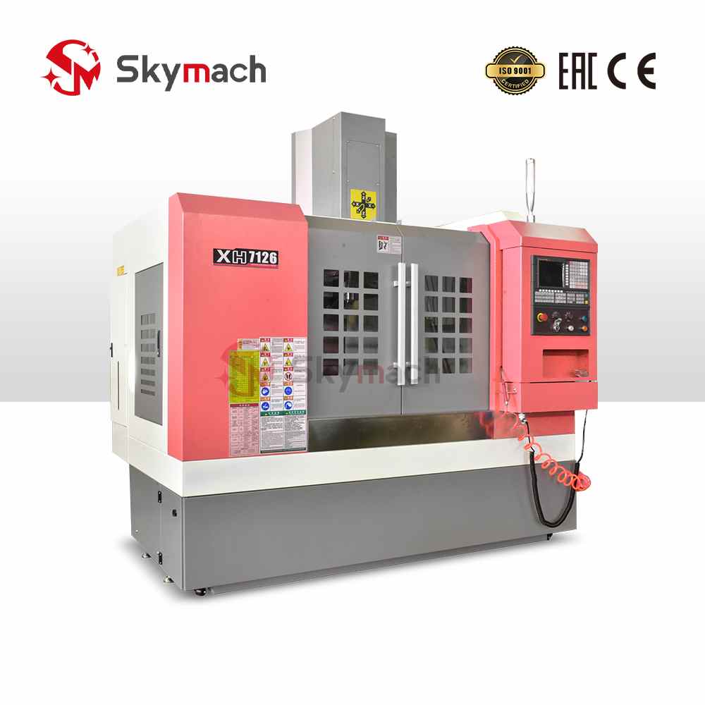 Skymach XH7126 VMC with optional CNC controls and colors. Equipped with a Taiwan-made spindle for milling, slotting, and 3/4/5-axis contouring.