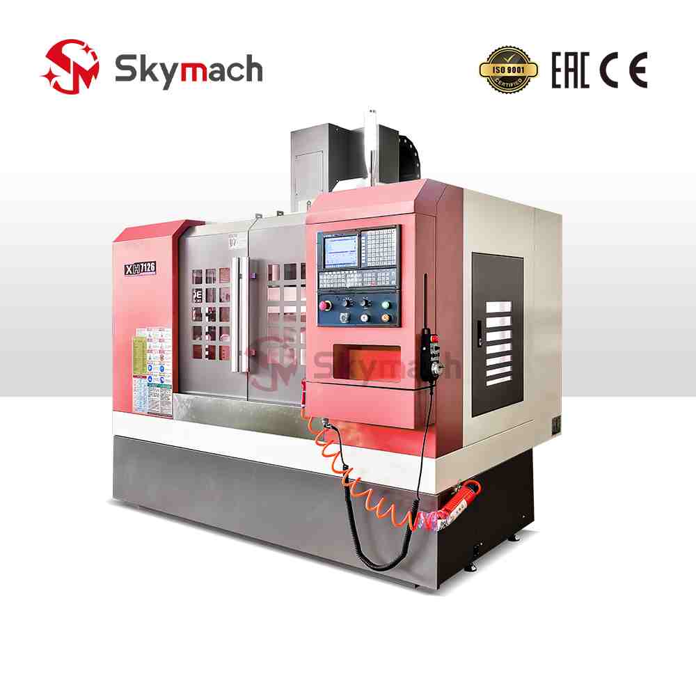 Skymach XH7126 VMC with optional CNC controls and colors. Equipped with a Taiwan-made spindle for milling, slotting, and 3/4/5-axis contouring.