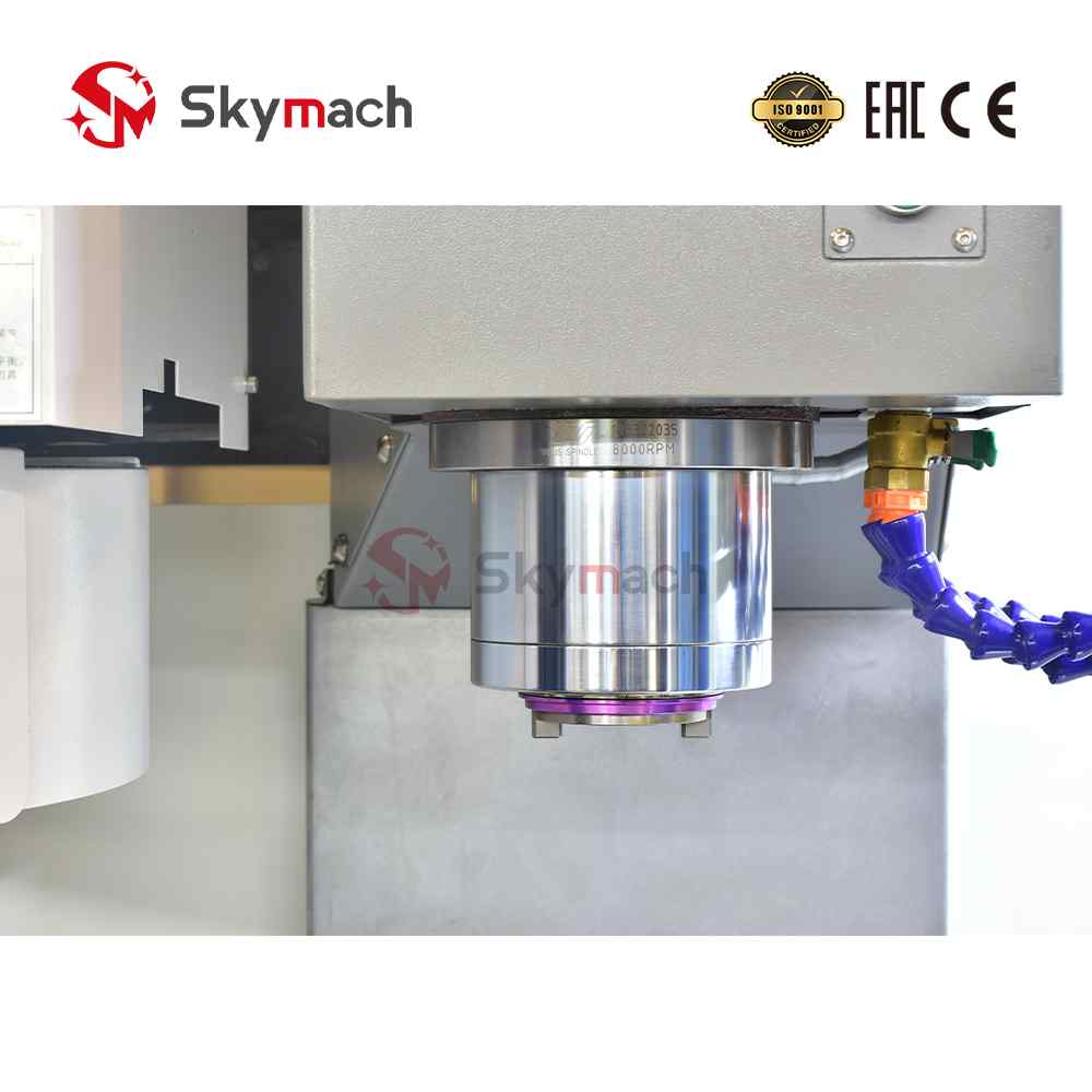 Skymach XH7126 VMC with optional CNC controls and colors. Equipped with a Taiwan-made spindle for milling, slotting, and 3/4/5-axis contouring.