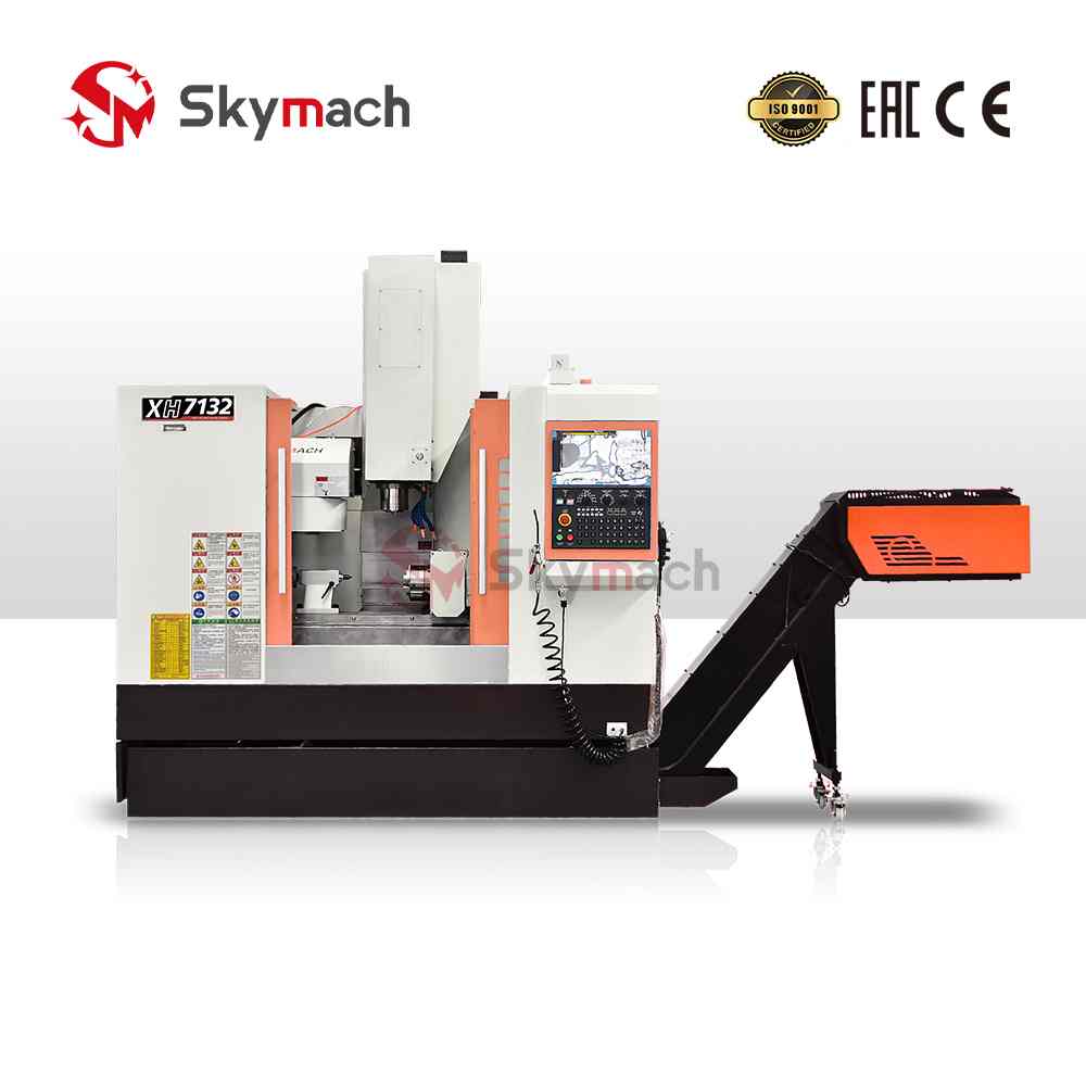 Skymach XH7126 VMC with optional CNC controls and colors. Equipped with a Taiwan-made spindle for milling, slotting, and 3/4/5-axis contouring.