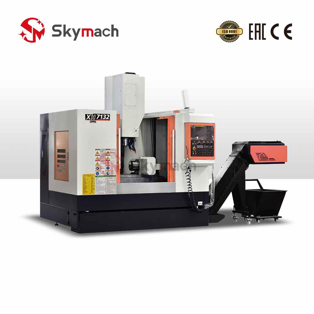 Skymach XH7126 VMC with optional CNC controls and colors. Equipped with a Taiwan-made spindle for milling, slotting, and 3/4/5-axis contouring.