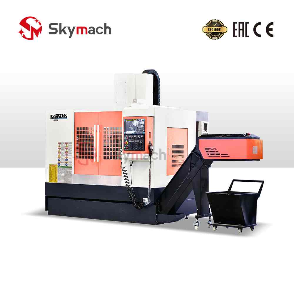 Skymach XH7126 VMC with optional CNC controls and colors. Equipped with a Taiwan-made spindle for milling, slotting, and 3/4/5-axis contouring.